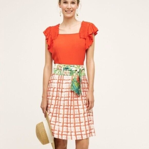 Anthropologie Dresses & Skirts - Anthropologie Maeve Skirt County Fair Red Plaid Floral Print Silk Blend